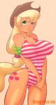 anthro anthrofied big_breasts blonde_hair breasts clothed clothing cutie_mark female freckles fully_clothed hair hat headgear headwear nipple_outline nipple_piercing nipples piercing simple_background skimpy solo swimwear wet kinkypinkink friendship_is_magic hasbro my_little_pony applejack_(mlp) earth_pony equid equine horse mammal pony absurd_res hi_res