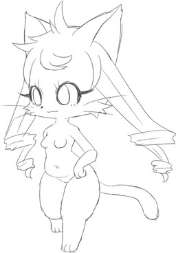 anthro belly breasts drill_curls eyelashes featureless_breasts female hair navel nude paws simple_background solo standing thick_thighs whiskers white_background bunnag cat_busters domestic_cat felid feline felis mammal digital_media_(artwork) monochrome sketch