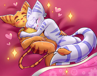 after_sex anthro breasts convenient_censorship cybernetic_arm cybernetic_limb duo ear_piercing ear_ring eyebrows eyelashes eyes_closed female fur heart_symbol male male/female nude piercing ring_piercing romantic romantic_ambiance romantic_couple sleeping striped_body striped_fur stripes tail tail_tuft tools tuft white_body white_fur wrench yellow_body yellow_fur manys_art ratchet_and_clank sony_corporation sony_interactive_entertainment ratchet_(ratchet_and_clank) rivet_(ratchet_and_clank) lombax mammal 2025 hi_res