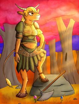 anthro armor axe belly blonde_hair fantasy female flower forest grass hair hooves horn leather leather_armor light outside plant rock slightly_chubby solo sunlight sunset tail tree warrior snufflesnuf bovid bovine cattle mammal hi_res