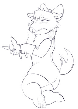 accessory anthro barefoot biped blush bow_(feature) bow_accessory bow_ribbon centered_hair_bow clothing eyes_closed feet female frown hair_accessory hair_bow hair_ribbon puppet ribbons solo kl0ndike poppy_opossum nora_chort canid canine fox hyena inanimate_object mammal spotted_hyena monochrome