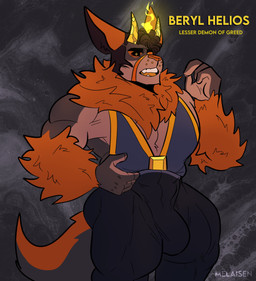 2_horns abstract_background amber_eyes anthro arm_tuft barazoku big_bulge black_bottomwear black_clothing black_eyebrows black_pants black_sclera blue_clothing blue_topwear blue_vest bottomwear brown_body brown_countershading brown_fur brown_hair brown_inner_ear bulge clothed clothed_anthro clothed_male clothing countershading eye_markings eyebrows fully_clothed fully_clothed_anthro fully_clothed_male fur hair horn humanoid_hands male male_anthro mane markings multicolored_body multicolored_fur muscular muscular_anthro muscular_male neck_tuft orange_body orange_clothing orange_eyes orange_fur orange_mane orange_markings orange_nose orange_tail orange_topwear orange_vest pants purple_ears smoke solo tail text topwear tuft two_tone_tail two_tone_vest vest yellow_horn yellow_smoke yellow_text melaisen beryl_helios demon kangaroo macropod mammal marsupial 2023 absurd_res artist_name character_name english_text hi_res portrait three-quarter_portrait