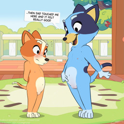 anthro anthrofied biped black_eyes black_markings black_nose blue_body blush blush_lines brown_markings day dialogue dipstick_tail duo eyebrows facial_markings feet female flat_chested genitals gesture gloves_(marking) hand_gesture hands_behind_back head_markings implied_incest leg_markings loli looking_at_another markings mask_(marking) multicolored_body muzzle_(marking) navel nipples nude open_mouth outside pointing pointing_at_self side_view smile snout snout_markings socks_(marking) speech_bubble standing tail tail_markings tan_body tan_markings text tongue two_tone_body vulva white_markings young young_anthro young_female comatose bluey_(series) bingo_heeler bluey_heeler australian_cattle_dog canid canine canis cattledog domestic_dog herding_dog mammal pastoral_dog 1:1 2023 absurd_res english_text hi_res sibling_(lore) sister_(lore) sisters_(lore)