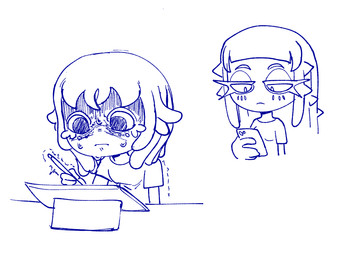 ambiguous_gender bodily_fluids drawing_tablet duo mortified nervous nervous_sweat pseudo_hair shaking sweat tentacle_hair tentacles hexanne aquatic fish humanoid blue_and_white monochrome
