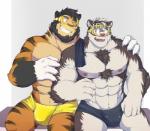 5_fingers abs accessory anthro biceps bulge chest_tuft clothing duo fingers fur headband male multicolored_body multicolored_fur muscular muscular_male nipples one_eye_closed pecs simple_background swimwear teeth tuft white_body white_fur wink kororoman yutari lifewonders tokyo_afterschool_summoners horkeu_kamui_(tas) hotaru_hirano canid canine canis felid mammal pantherine tiger wolf 2018 digital_media_(artwork)