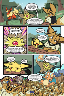 6_panel_comic ambiguous_gender black_cape black_clothing black_eyes black_nose black_tail black_text bodily_fluids brown_body brown_fur brown_hair cape cheek_spots claws closed_smile clothing day dialogue exclamation_point feral finger_claws fire flaming_tail fluffy fluffy_tail fur grass group hair mouth_closed neck_tuft open_mouth open_smile outside page_number pawpads paws plant pupils quadruped question_mark raised_arm red_cheeks sky smile speech_bubble sweat sweatdrop tail talking_to_another text toe_claws toony tree tuft white_pupils white_sclera wings x_eyes yellow_body virmir nintendo pokemon pokemon_mystery_dungeon spike_chunsoft virmir_(character) charizard eevee eeveelution flareon generation_1_pokemon generation_2_pokemon kangaskhan pichu pokemon_(species) staryu 2025 2:3 absurd_res comic english_text hi_res