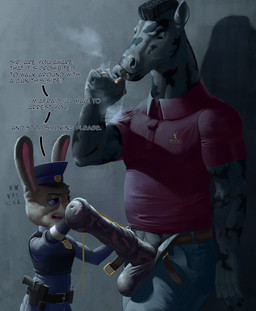 5_fingers animal_genitalia animal_penis anthro balls big_balls big_penis cigarette clothed clothing dialogue dipstick_ears duo ear_markings equine_genitalia equine_penis erection female fingers fur genitals gun hair handgun huge_balls huge_penis interspecies male male/female measuring measuring_penis multicolored_ears muscular muscular_male open_mouth penis pistol police police_uniform ranged_weapon simple_background size_difference smoking standing tape_measure text tongue topwear uniform weapon tall_lizzard disney zootopia judy_hopps equid equine horse lagomorph leporid mammal rabbit 2019 digital_media_(artwork) english_text hi_res