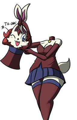 :3 anthro armwear blue_eyes bottomwear breasts cleavage clothed clothing collar detachable detachable_head elbow_gloves eyelashes female gloves hair hand_on_ears hand_on_own_ears handwear hat headgear headwear holding_both_ears legwear magic magician one_eye_closed open_:3 open_mouth open_smile red_hair simple_background skirt smile solo stockings white_background wink vono lagomorph leporid mammal rabbit