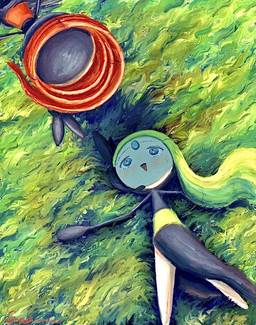 ambiguous_gender blue_eyes blush duo female forehead_gem gem grass green_hair hair lying multicolored_body on_back on_grass on_ground open_mouth plant red_hair gyuragyura nintendo pokemon generation_5_pokemon humanoid legendary_pokemon meloetta meloetta_(aria_form) meloetta_(pirouette_form) pokemon_(species) 2025 signature