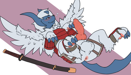 3_toes abstract_background animal_genitalia animal_penis anus armor balls blue_body blush blush_lines butt canine_genitalia canine_penis claws digitigrade erection fangs feathered_wings feathers feet feral finger_claws fluffy fur genitals heart_symbol katana knot lying male melee_weapon on_back pawpads penis pink_pawpads presenting presenting_hindquarters presenting_penis quadruped red_eyes scabbard sheath simple_background solo spread_legs spreading sword tail teeth toe_claws toes weapon white_body white_fur wings ketei nintendo pokemon generation_6_pokemon mega_absol mega_evolution pokemon_(species) hi_res