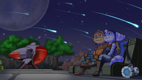 anthro arm_around_partner arm_on_shoulder boots clothed clothing crossed_legs duo eyewear eyewear_on_head female footwear fur giant_hammer goggles goggles_on_head green_eyes head_tuft headgear headwear male meteor meteor_shower moon night plant rock_formation scarf shoes shooting_star sky spacecraft star striped_body stripes tree tuft vehicle white_body white_fur yellow_body yellow_fur black-kitten ratchet_and_clank sony_corporation sony_interactive_entertainment ratchet_(ratchet_and_clank) rivet_(ratchet_and_clank) lombax mammal 16:9 hi_res widescreen