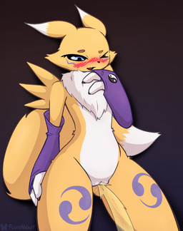 anthro armwear big_tail black_claws black_sclera blue_eyes blush blushing_profusely bodily_fluids claws clothing detached_sleeves dipstick_ears dipstick_tail double_tomoe ear_markings embarrassed facial_markings female flat_chested fur genital_fluids genitals hand_on_chest hand_on_leg hand_on_thigh head_markings leg_markings looking_down markings mostly_nude multicolored_body multicolored_ears multicolored_fur neck_tuft no_navel one_eye_closed open_mouth peeing simple_background solo standing tail tail_markings thigh_markings tomoe_(symbol) tuft urine urine_stream vulva watersports white_body white_fur yellow_body yellow_fur lewdnewt bandai_namco digimon digimon_(species) renamon 2026 digital_drawing_(artwork) digital_media_(artwork) hi_res