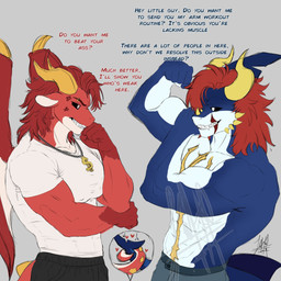 anthro argument back_wings banter biceps blue_body blue_scales bottomwear clothing coiled_tail cross-popping_vein currency_symbol dialogue dollar_sign duo eyebrow_piercing facial_piercing hair heart_symbol horn horned_wings male male/male markings muscular muscular_anthro muscular_male pants pecs piercing red_body red_hair red_scales scales scar shark_tail shirt symbol tail text tight_clothing tight_shirt tight_topwear topwear white_body white_scales wings yellow_horn bowhk_art mob_entertainment mythology nightmare_critters poppy_playtime simon_smoke_(poppy_playtime) aquatic critters_(poppy_playtime) dragon fish hybrid mythological_creature mythological_scalie scalie shark 1:1 english_text hi_res