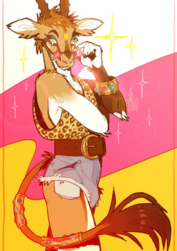 abstract_background accessory anthro belt bottomwear brown_belt brown_body brown_fur bulge clothed clothing crossdressing eyewear fur glasses hotpants looking_at_viewer male male_anthro mouth_closed pattern_clothing pattern_topwear shorts side_view solo sparkles spots spotted_clothing spotted_topwear standing star_glasses tail tail_tuft text topwear tuft white_body white_fur yellow_clothing yellow_eyes yellow_topwear 0ct0m0n0 antelope bovid gazelle mammal artist_name hi_res