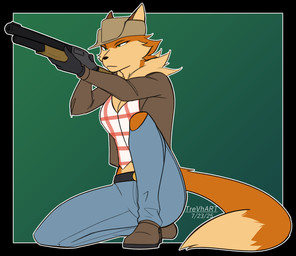 aiming anthro bottomwear breasts brown_clothing brown_footwear brown_shoes clothed clothed_anthro clothed_female clothing coat denim denim_bottomwear denim_clothing female fluffy footwear fur gloves green_eyes gun handwear hat headgear headwear hunting jeans kneeling multicolored_body multicolored_fur neck_tuft orange_body orange_fur pants plaid ranged_weapon shoes shotgun tail tan_body tan_fur topwear tuft two_tone_body two_tone_fur weapon trevhart canid canine fox mammal 2025 hi_res