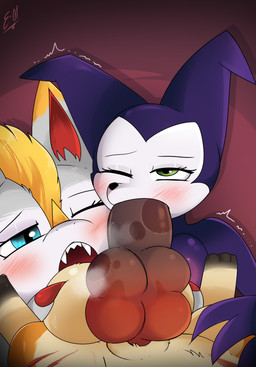 animal_genitalia animal_penis anthro ball_fondling balls blue_eyes blush bodily_fluids breasts breath duo erection fellatio female fondling fur genital_fluids genitals green_eyes hair horn imminent_orgasm knot male male/female male_penetrating multi_knot musk nipples nude open_mouth oral orange_body penetration penile penis penis_in_mouth sex tongue e-01 bandai_namco digimon livewire_the_filmon never_the_beelstarmon vex_the_patamon digimon_(species) filmon imp impmon mammal patamon absurd_res hi_res