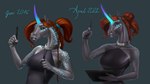 2016 2022 anthro art_progression black_sclera blue_eyes braided_hair braided_ponytail brown_hair clothing collar dappled_fur drawing_pad ear_piercing equid equine female gradient_horn hair hi_res horn leash lips mammal mythological_creature mythological_equine mythology piercing ponytail quillu quillu_(character) tablet tablet_pen thick_lips unicorn