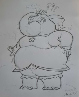 after_transformation alternate_species anthro belly big_belly big_cheeks bloomers bottomwear breasts clothed clothing confusion crown dress ear_piercing eyelashes female furrification hair hair_over_eye hand_on_hip headgear hooves looking_down looking_down_at_self obese obese_anthro obese_female onomatopoeia overweight overweight_anthro overweight_female piercing proboscis_(anatomy) question_mark scratching_head simple_background solo sound_effects standing text trunk_(anatomy) unguligrade weight_conscious weight_gain wide_hips oda-lee mario_bros nintendo super_mario_galaxy elephant_rosalina rosalina_(mario) elephant elephantid mammal proboscidean 2026 absurd_res dated full-length_portrait graphite_(artwork) greyscale hi_res monochrome portrait signature sketch traditional_media_(artwork)