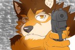 aiming_at_viewer anthro barrel_(live_a_hero) brown_body brown_fur canid canine canis fur gun handgun hi_res lifewonders live_a_hero male mammal pistol ranged_weapon solo weapon wolf zenon_s2017