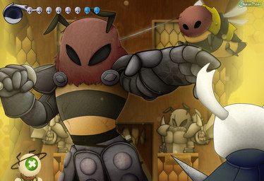 4_fingers ambiguous_gender antennae_(anatomy) anthro armor feral fingers fur gameplay_mechanics group gui health_bar holding_melee_weapon holding_object holding_sword holding_weapon horn melee_weapon nail_(weapon) sculpture statue sword weapon chaintear hollow_knight_(franchise) team_cherry hive_knight_(hollow_knight) the_knight_(hollow_knight) arthropod bee hymenopteran insect vessel_(species) 2026 absurd_res hi_res