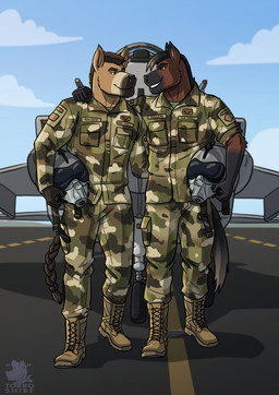 air_force aircraft airplane anthro anthro_on_anthro arm_around_another arm_around_back arm_around_partner arm_around_shoulder arm_around_waist bedroom_eyes biceps biped black_hair boots bottomwear brown_body brown_boots brown_clothing brown_footwear brown_skin buzz_cut camo camo_bottomwear camo_clothing camo_hat camo_headgear camo_headwear camo_jacket camo_pants camo_print clothing cloud cloudy_sky combat_boots duo eye_contact facial_piercing footwear green_bottomwear green_clothing green_eyes green_hat green_headwear green_jacket green_pants green_shirt green_topwear grin grinning_at_partner hair hat headgear headwear holding_another holding_partner jacket jet looking_at_another looking_at_partner male male/male manly military military_base military_cap military_clothing military_hat military_jacket military_pants military_uniform military_vehicle muscular muscular_anthro muscular_male narrowed_eyes nose_piercing nose_ring outside pants pattern_bottomwear pattern_clothing pattern_hat pattern_headgear pattern_headwear pattern_pants piercing pilot ring_piercing runway seductive shirt shoes sky smile smirk smirking_at_another smirking_at_partner soldier standing tail topwear uniform vehicle warrior torrosketch equid equine horse mammal absurd_res comic hi_res story story_in_description