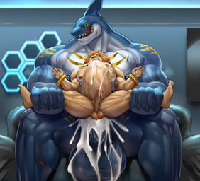 anthro areola arm_markings balls barazoku beard big_balls big_penis black_sclera blue_areola blue_body blue_nipples blue_scales bodily_fluids chair chest_markings chest_scar cum cum_from_mouth cum_in_mouth cum_inside cum_on_balls cum_on_own_balls cum_on_own_penis cum_on_penis cum_on_self duo facial_hair fin fin_scar fur furniture genital_fluids genitals golden_markings green_eyes grin hair head_fin holding_both_legs holding_legs_open huge_balls huge_penis inside larger_anthro larger_male leg_markings leg_scar male male/male mane markings multicolored_body multicolored_scales nipple_piercing nipple_ring nipples nude on_chair orange_hair orange_mane penis piercing pubes ring_piercing scales scar shoulder_markings shoulder_scar sitting sitting_on_chair size_difference smaller_anthro smaller_male smile spread_legs spreading tan_body tan_fur thigh_markings two_tone_body two_tone_scales vein veiny_penis white_body white_scales sft alvintanubis dylan_(alvintanubis) felid fish lion mammal marine pantherine shark 2025 hi_res