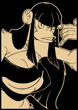 5_fingers alternative_fashion anthro bangs bared_teeth big_breasts black_background black_border border breasts cleavage clothed clothing collar crop_top female fingers goth hair long_hair looking_at_viewer midriff pointy_breasts print_clothing print_topwear shirt simple_background solo spiked_collar spikes teeth topwear coughman beth_(redustheriotact) haplorhine mammal monkey primate 2026 hi_res