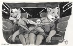 anthro belly belly_exposed bottomwear car clothing duo eyes_closed inside_car inside_vehicle male male/male navel overweight overweight_male partially_covered partially_covered_belly shorts sleeping smiley_face sportswear vehicle pandapaco kazan_(kazan.k) canid canine canis mammal mustelid otter wolf signature traditional_media_(artwork)