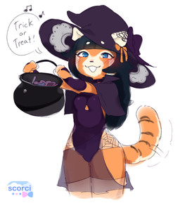 blush bow_ribbon breasts cleavage clothed clothing dress hat headgear headwear holidays magic_user musical_note musical_symbol open_:3 skimpy solo speech_bubble symbol tail text trick-or-treating witch witch_hat scorci halloween felid mammal pantherine tiger 2025 english_text hi_res
