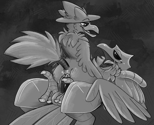 anal anal_penetration anthro balls beak big_butt big_penis blush bodily_fluids butt cum cum_inside duo feathered_wings feathers femboy genital_fluids genitals half-closed_eyes male male/male muscular muscular_calves muscular_legs muscular_thighs narrowed_eyes open_beak open_mouth penetration penis size_difference tongue wings crownedvictory nintendo pokemon avian corviknight generation_2_pokemon generation_8_pokemon murkrow pokemon_(species) 2021 absurd_res hi_res monochrome