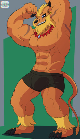 anthro briefs bulky clothing flexing male muscular presenting solo underwear j450n2080 bandai_namco digimon digimon_(species) felid leomon lion mammal pantherine armpit boxer_(disambiguation) absurd_res hi_res