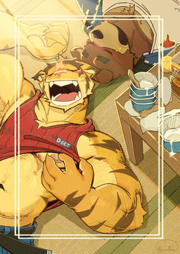 5_fingers anthro belt blue_bottomwear blue_clothing blue_jacket blue_topwear blush bottomwear brown_body brown_fur claws clothing countershade_arms countershade_face countershade_snout countershade_torso countershading duo fangs fingers fur furniture jacket logo lying male male/male muscular muscular_anthro muscular_male navel nipples on_back on_ground open_mouth pink_nipples pink_nose red_clothing red_shirt red_tank_top red_topwear shirt sleeping snout table tan_body tan_countershading tan_fur tank_top tatami teeth text topwear white_clothing white_shirt white_topwear yellow_body yellow_fur nyuudles morenatsu juuichi_mikazuki torahiko_ooshima bear black_bear felid mammal moon_bear pantherine tiger ursine 2025 artist_logo artist_name better_version_at_source hi_res