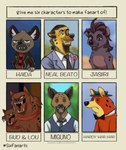 anthro black_nose brown_body brown_fur clothed clothing collar fangs female feral fur group hat headgear headwear male markings open_mouth red_body red_fur smile spots spotted_body spotted_fur teeth text tategaminu aggretsuko beastars blacksad dc_comics disney hanna-barbera lippy_the_lion_and_hardy_har_har sanrio six_fanarts_challenge the_lion_guard the_lion_king bud_the_hyena_(dc) haida_(aggretsuko) hardy_har_har jasiri_(the_lion_guard) lou_the_hyena_(dc) miguno_(beastars) neal_beato hyena mammal spotted_hyena 2020 absurd_res english_text hi_res meme multiple_images