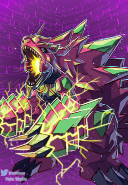 anthro claws energy_beam laser male pink_body sharp_teeth solo teeth 1cantdraw bandai_namco digimon digimon_beatbreak armalizamon digimon_(species) scalie absurd_res hi_res