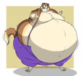 anthro barefoot belly big_belly bottomwear claws clothing eyewear fangs feet fur glasses huge_belly male morbidly_obese morbidly_obese_anthro morbidly_obese_male navel obese obese_anthro obese_male open_mouth overweight overweight_anthro overweight_male pants paws smile solo standing suspenders tail teeth tongue wearing_glasses hectorthewolf kelsey_the_saluki canid canine canis domestic_dog hunting_dog mammal saluki sighthound 2024 hi_res