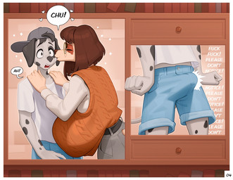 anthro baseball_cap big_breasts black_body black_fur bottomwear breasts brown_hair clothing duo erection erection_under_clothing eyewear female fur glasses hair hat headgear headwear heart_symbol huge_breasts kissing_cheek male male/female multicolored_body multicolored_fur orange_clothing orange_sweater orange_topwear shirt shorts standing sweater t-shirt tan_body tan_fur text topwear two_tone_body two_tone_fur unwanted_erection wearing_glasses white_body white_clothing white_fur white_shirt white_topwear crackiepipe clarita_(crackiepipe) maxie_(crackiepipe) canid canine canis dalmatian domestic_dog greyhound hunting_dog mammal sighthound 2026 english_text