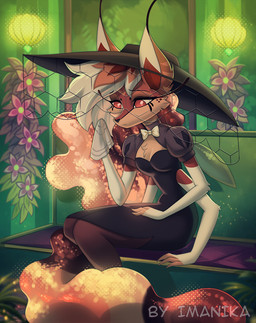 4_arms anthro biped breasts clothed clothed_anthro clothed_female clothing dress female fingers fur hair hat headgear headwear inside multi_arm multi_limb sitting solo imanika hellaverse helluva_boss queen_bee-lzebub_(helluva_boss) canid canine fox mammal 2026 digital_drawing_(artwork) digital_media_(artwork)