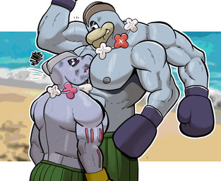 anthro beach big_muscles bodily_fluids boxing boxing_gloves bruised bruised_eye clothed clothing damage duo fight gloves grass_skirt handwear huge_muscles lei male male/male male_anthro muscular muscular_anthro muscular_male nipples sadomasochism sea shoreline sport sweat topless topless_anthro topless_male water wounded hunter-husky nintendo pokemon raymond_davis sebas_cooper generation_1_pokemon machamp machoke pokemon_(species) hi_res