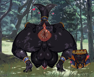 anthro anus backsack balls big_anus big_balls big_breasts big_butt bodily_fluids breasts butt butt_focus detailed_background forest genitals grass gynomorph heart_symbol huge_anus huge_butt humanoid_genitalia humanoid_penis intersex nude penis perineum plant presenting puffy_anus solo spread_butt spreading sweat tail tail_motion tailwag thick_thighs tree lollipopcon egyptian_mythology middle_eastern_mythology mythology anubis anubis_(lollipopcon) anubian_jackal canid canine canis deity jackal mammal hi_res
