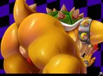 against_surface against_wall animal_genitalia anthro big_butt bracelet butt claws genital_slit genitals hair jewelry looking_back male muscular muscular_anthro muscular_male nipples open_mouth presenting presenting_hindquarters red_eyes red_hair solo spikes spikes_(anatomy) thick_thighs yellow_body zombiehk mario_bros nintendo bowser koopa scalie