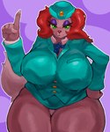 anthro big_breasts bottomless breasts clothed clothing eyeshadow female genitals green_eyes hair hand_on_hip hat headgear headwear makeup pussy red_hair solo tail thick_thighs shiroepsilon bemani cutie_chaser dance_dance_revolution konami cutie_chaser_dog canid canine canis domestic_dog mammal 5:6 hi_res