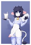 anthro blue_eyes blue_hair bodily_fluids clothed clothed/nude clothing cowbell crossdressing cum femboy fur genital_fluids hair legwear male nude panties sleeves smile solo spots stockings underwear white_body white_fur max_draws oreo_(max_draws) bovid bovine cattle mammal absurd_res hi_res