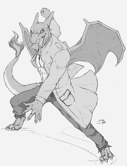 action_pose anthro bottomwear clothed clothing coat horn looking_at_viewer male membrane_(anatomy) membranous_wings open_mouth pants pose simple_background solo standing topwear wings crazydrak nintendo pokemon charizard generation_1_pokemon pokemon_(species) 2012 dated monochrome signature