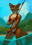 5_fingers anthro beach belly bikini black_nose blue_eyes breasts cleavage clothed clothing cloud female fingers fur mature_anthro mature_female medium_breasts melee_weapon mountain orange_body orange_fur outside plant polearm seaside sky solo spear swimwear tree two-piece_swimsuit water weapon white_belly white_body white_fur pinguinolog judy_reinard canid canine fox mammal red_fox true_fox 2019 absurd_res hi_res