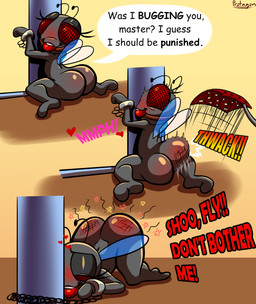 anthro ass_up ball_gag bdsm blush bondage bound butt butt_slap chain chained chained_to_pole compound_eyes dialogue featureless_feet feet female fly_swatter gag gagged grey_body heart_symbol humor offscreen_character pun red_eyes reddened_butt slap smile solo spanking speech_bubble text thick_thighs wings protagon cc-by-nc creative_commons caked-up_fly_(weepeeman1) arthropod fly_(animal) insect comic_sans english_text hi_res