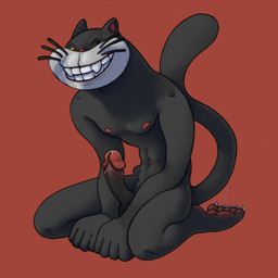anthro big_penis black_body black_fur erection facial_markings feet fur genitals glans head_markings humanoid_feet long_tail male markings muscular muscular_male muzzle_(marking) nipples one_eye_closed penis plantigrade red_glans red_nipples red_nose simple_background sitting_on_knees skinny smile solo tail tall whiskers wink yellow_eyes ravuer kitten_named_woof kotenok_po_imeni_gav domestic_cat felid feline felis mammal 1:1 hi_res