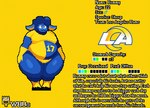 anthro belly big_belly blue_body blue_fur blue_hair blue_wool bovid caprine character_name clothing digital_media_(artwork) domestic_sheep english_text fluffy fluffy_hair fur gloves hair handwear hooves long_ears los_angeles_rams male mammal model_sheet moobs nfl number number_on_clothing overweight pixel_(artwork) remmy_(wbu) sheep simple_background slightly_chubby smile solo text thick_thighs wbu wide_hips wool_(fur)