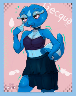 anthro belly big_tail blep blue_body bottomwear breasts clothing collar eyebrows eyelashes female forked_tongue hand_on_hip jewelry necklace playful slim smile smirk solo tail tongue tongue_out mvikt nintendo pokemon pokemon_winds_and_waves gecqua generation_10_pokemon lizard pokemon_(species) reptile scalie 2026 hi_res