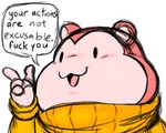 4_fingers angry anthro clothing dialogue fingers fur male pink_body pink_fur profanity simple_background sketchy smile solo speech_bubble sweater text topwear turtleneck white_background filthyopossum super_fuck_friends peepoodo cricetid hamster mammal rodent 5:4 english_text hi_res reaction_image