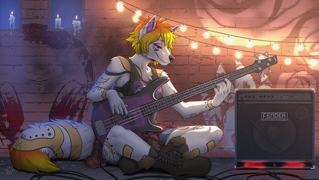 5_fingers anthro bass_guitar biped black_nose breasts clothed clothing detailed_background ear_piercing eyelashes female fingers fur gradient_hair guitar hair musical_instrument piercing plucked_string_instrument purple_eyes sitting smile solo string_instrument white_body white_fur kero_tzuki canid canine canis mammal wolf 16:9 2018 digital_media_(artwork)